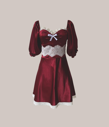 Burgundy A Line Puff White Lace Satin Short Homecoming Dress Cocktail Dress HZ1023